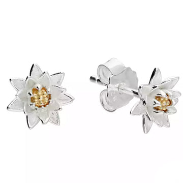 Sterling Silver 2-Tone Gold-Plated Water Lily July Birth Flower Stud Earrings