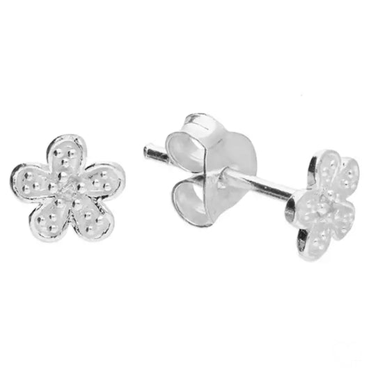 Sterling Silver Small Cubic Zirconia Textured Flower Stud Earrings