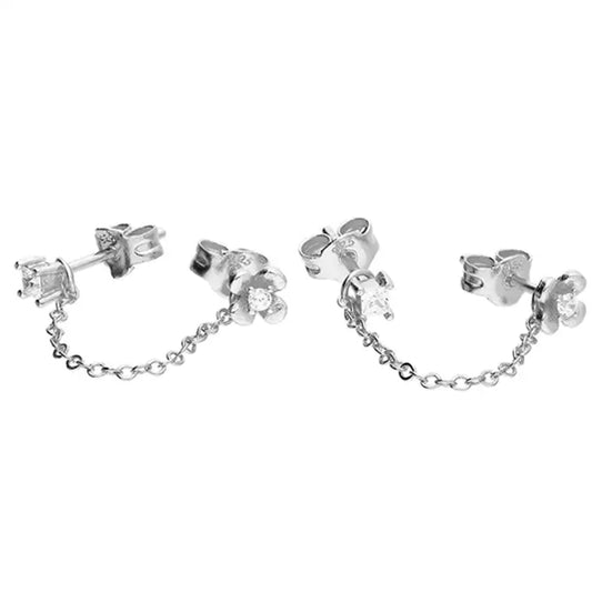 Silver Cubic Zirconia Flower Double Asymmetric Chain Stud Earrings