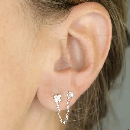 Silver Cubic Zirconia Flower Double Asymmetric Chain Stud Earrings