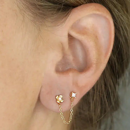 Sterling Silver Yellow Gold Plated Cubic Zirconia Flower Asymmetric Chain Stud Earrings