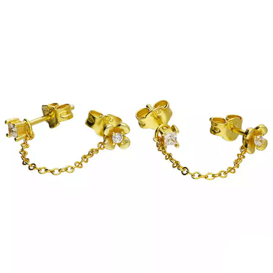 Sterling Silver Yellow Gold Plated Cubic Zirconia Flower Asymmetric Chain Stud Earrings