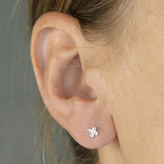 Sterling Silver Cubic Zirconia Tiny Flower Stud Earrings