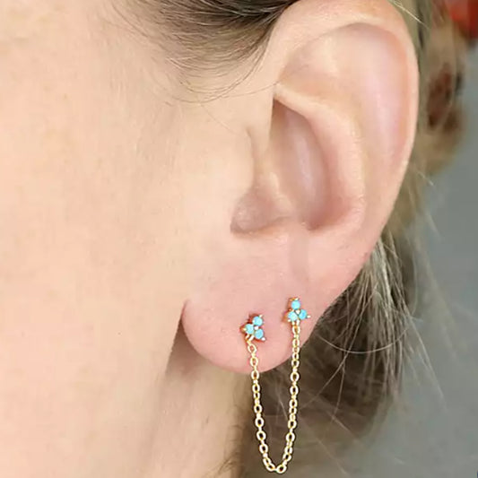 Silver Gold Plated Double Turquoise Trio Petal Chain Stud Earring
