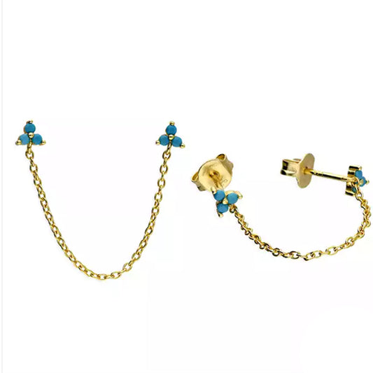 Silver Gold Plated Double Turquoise Trio Petal Chain Stud Earring