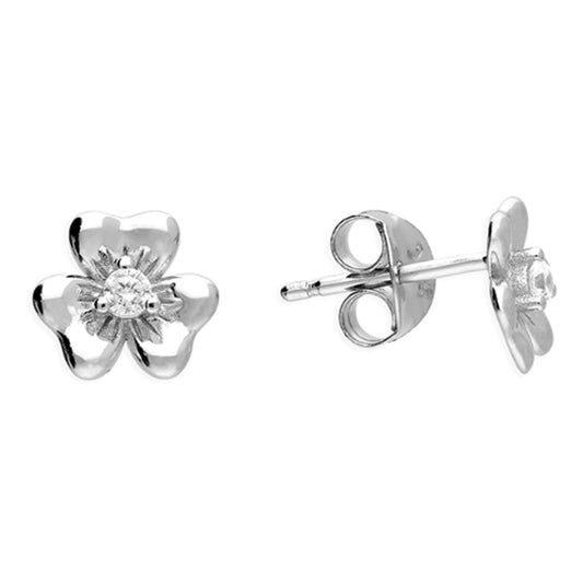 Sterling Silver Cubic Zirconia Small Plain Flower Stud Earrings