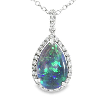 18ct White Gold Pear shaped Natural Black Opal and Diamond Cluster Pendant and Chain.