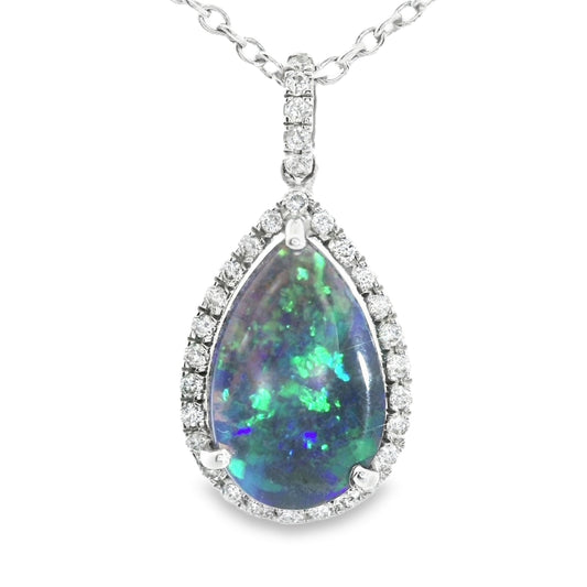 18ct White Gold Pear shaped Natural Black Opal and Diamond Cluster Pendant and Chain.