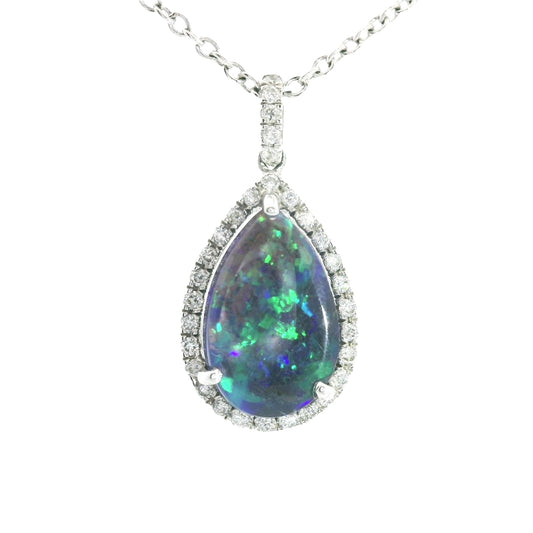 18ct White Gold Pear shaped Natural Black Opal and Diamond Cluster Pendant and Chain.