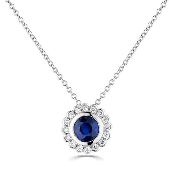 18CT WHITE GOLD SAPPHIRE & DIAMOND 1.16CT CLUSTER NECKLACE