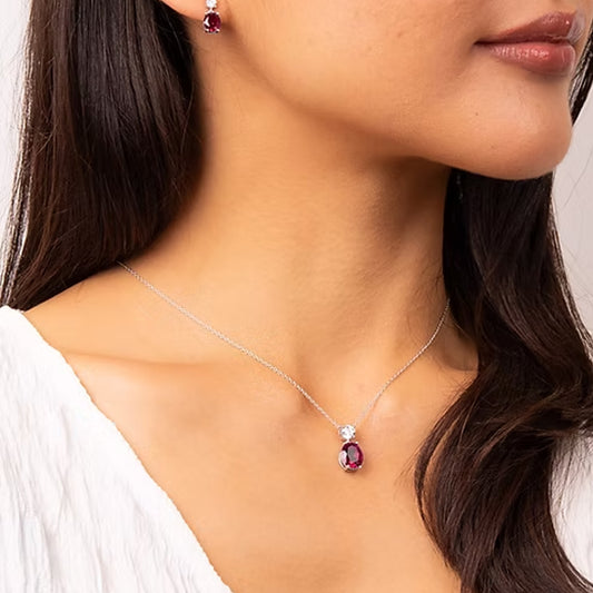 Diamonfire Silver Red and White Cubic Zirconia Pendant & Chain Necklace