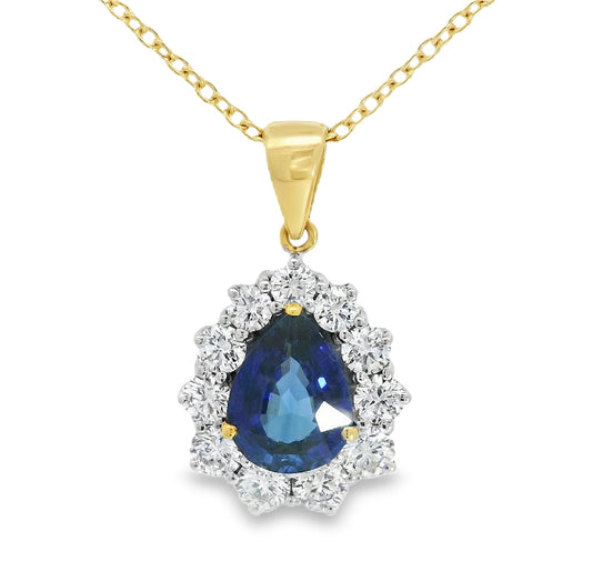 18ct Gold Sapphire & Diamond 2.51ct Pear Shaped Necklace