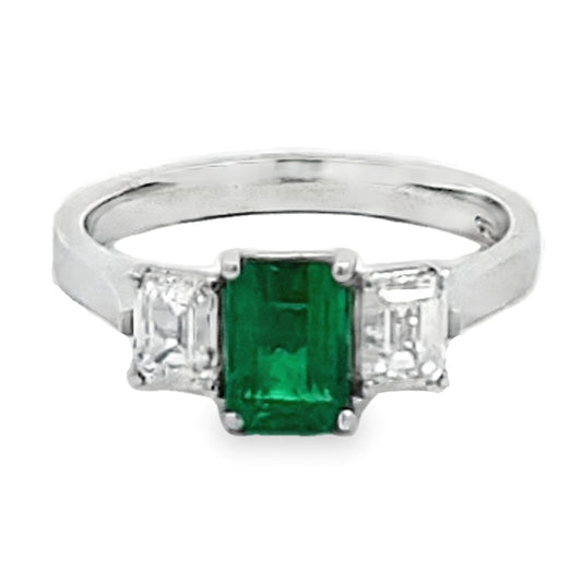 Platinum Emerald & Diamond 1.85ct Trilogy Ring