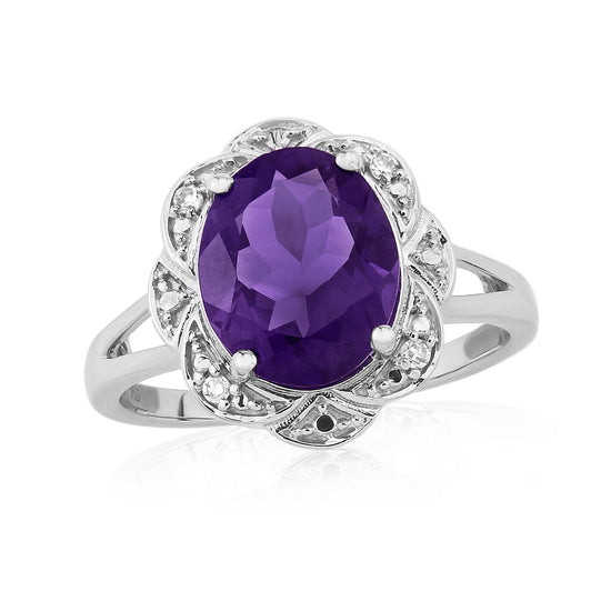 9W AMETHYST/DIAMOND 0.03CT CLUSTER RING