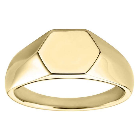 9CT YELLOW GOLD HEXAGON SHAPED SIGNET RING.