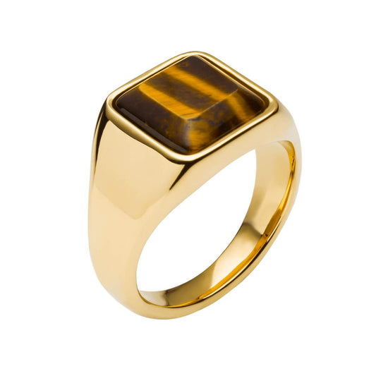 Fred Bennett Stainless Steel Gold Plated Tigers Eye Signet Ring R3857Y | WR Bullen Norwich Jeweller | Buy UK Jewellery Online | Est. 1887