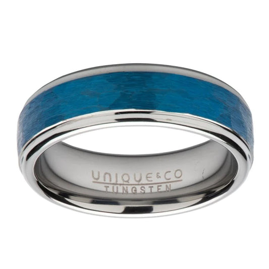 Tungsten 7mm Blue Hammered Finish Ring. | WR Bullen Norwich Jeweller | Buy UK Jewellery Online | Est. 1887