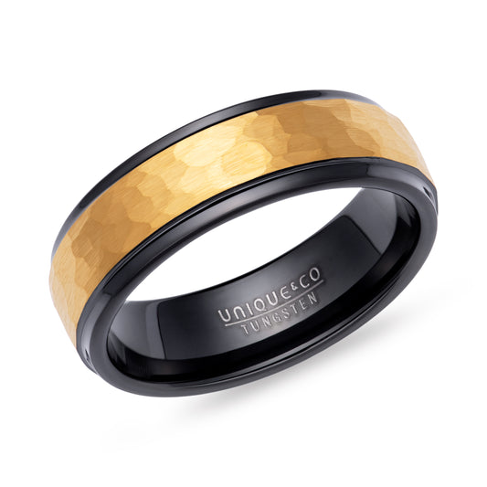 Tungsten 7Mm Hammered Black/Yellow Gp | WR Bullen Norwich Jeweller | Buy UK Jewellery Online | Est. 1887