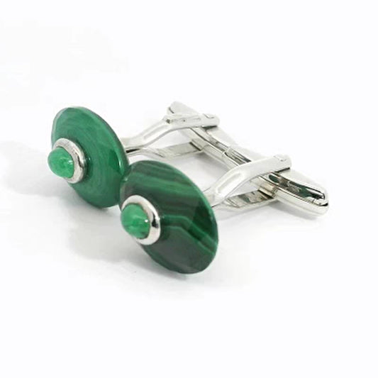 Silver Oval Malachite & Emerald Swivel Cufflinks