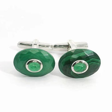 Silver Oval Malachite & Emerald Swivel Cufflinks