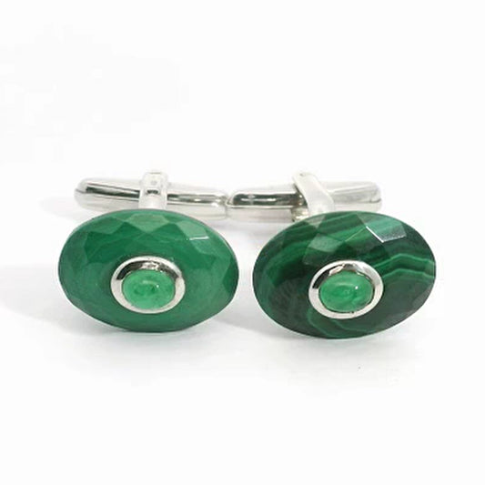 Silver Oval Malachite & Emerald Swivel Cufflinks