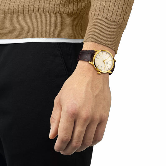 Tissot Gents Classic Dream Gold Plated Brown Strap Quartz Watch T1294103626100