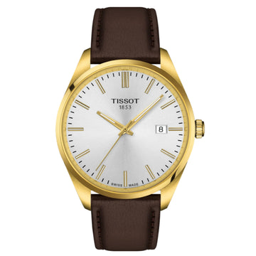 Tissot Gents PR 100 40mm Silver Dial Gold PVD Brown Leather Strap Watch