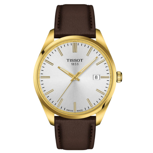 Tissot Gents PR 100 40mm Silver Dial Gold PVD Brown Leather Strap Watch
