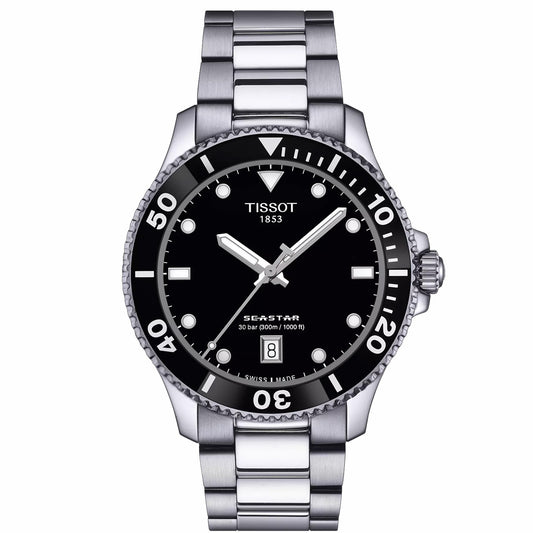 Tissot Gents Seastar 40mm Black Dial Stainless Steel Quartz Watch T1204101105100