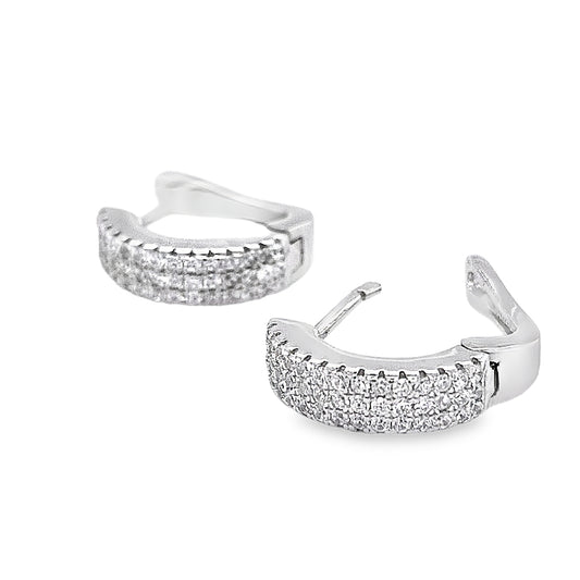 Silver 14mm 3 Row Cubic Zirconia Oval Huggie Earrings