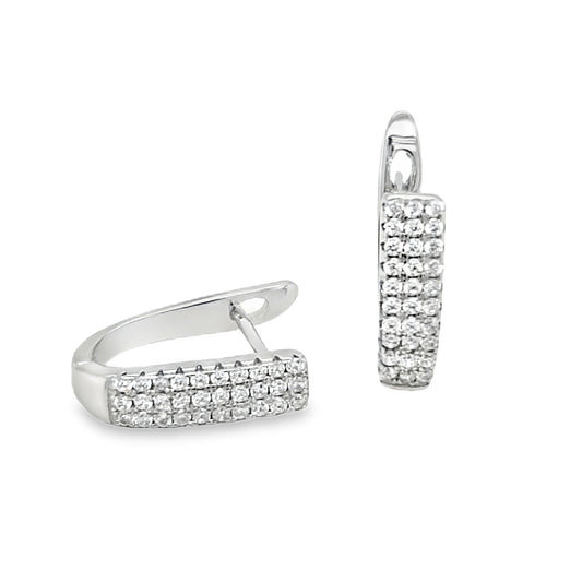 Silver 14mm 3 Row Cubic Zirconia Oval Huggie Earrings