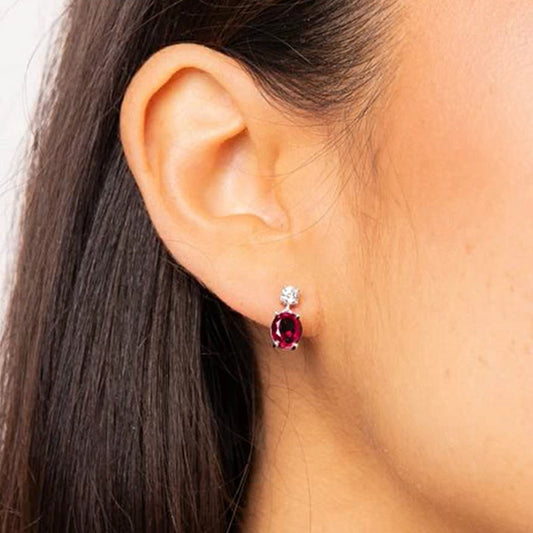 Diamonfire Silver Red & Clear Cubic Zirconia Oval Drop Earrings